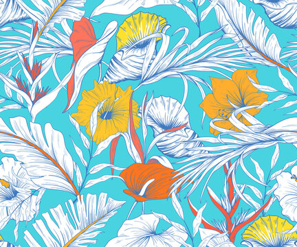 Seamless pattern with tropical flowers and sea shells
