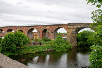 The historic market town of Yarm, north Yorkshire showing the brick railway viaduct