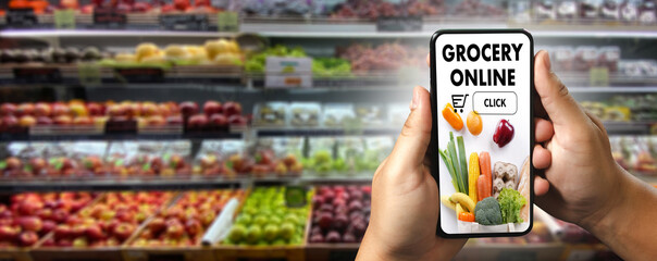 Shopping groceries on online supermarket for food grocery shop