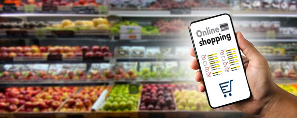 Shopping groceries on online supermarket for food grocery shop