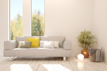 White stylish minimalist room with sofa and autumn landscape in window. Scandinavian interior design. 3D illustration