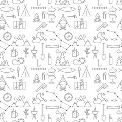 Fototapeta na wymiar Camping linear vector seamless pattern with hiking and landscape travel elements.