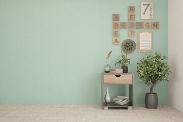 Turquoise minimalist empty room. Scandinavian interior design. 3D illustration