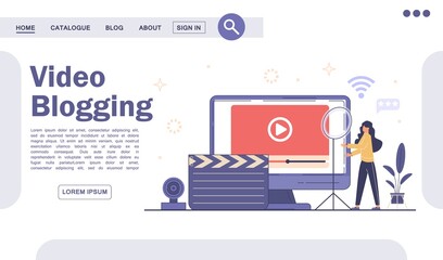 Live streaming, broadcast concept. Video podcast blogging landing page.