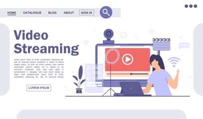 Obraz premium Live streaming, broadcast concept. Video podcast blogging landing page.
