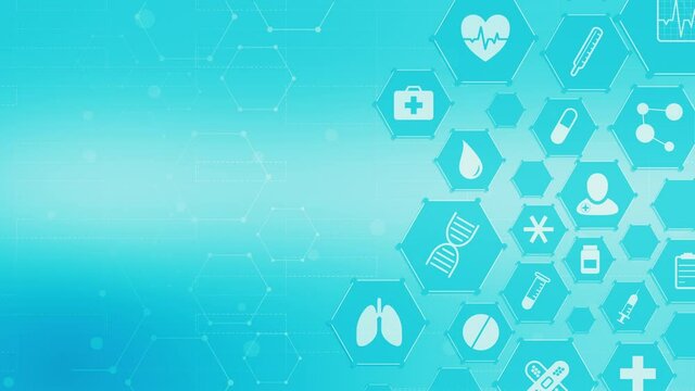 medical scientific animation, hexagon grid with icons related to medicine and research concepts, copy space (3d render)