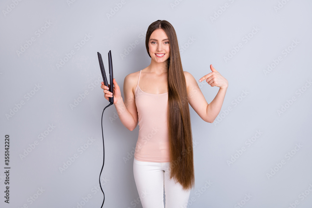 Sticker portrait of her she nice-looking attractive shine pretty cheerful brown-haired girl holding in hand 