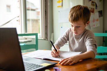 Naklejka na ściany i meble Young boy learning from home, online schooling
