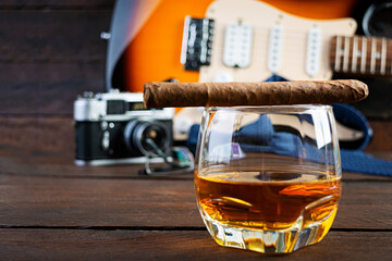 Happy Fathers day. Vintage concept with view of whiskey and cigar