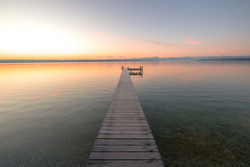 Sunrise Starnberger See with Pier and Alps