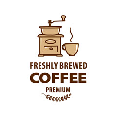 Design element of a steaming cup of fresh full roast coffee logo alongside an old retro mechanical coffee grinder in shades of brown isolated on white