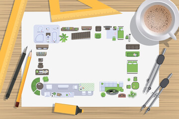 Vector illustration. Desk interior designer. (top view) 
Paper. (Space for your text)
Pencils, compasses, rulers and miniature furniture. (view from above) 