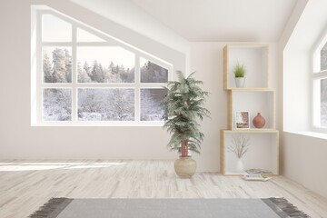 White stylish empty room with winter landscape in window. Scandinavian interior design. 3D illustration