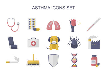 Bundle of asthma flat circle icons. Collection of asthma related illustration. Vector.