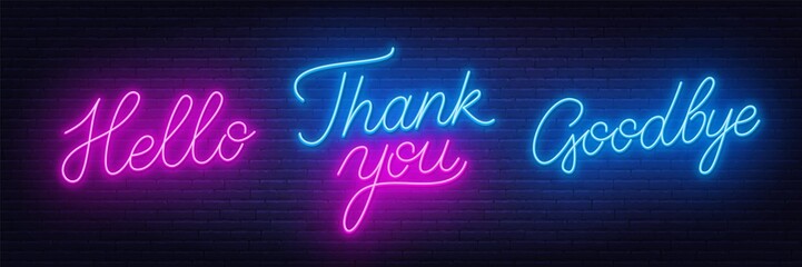 Fototapeta na wymiar Neon text thank you, hello and goodbye. Bright neon signs on the brick wall. Vector illustration