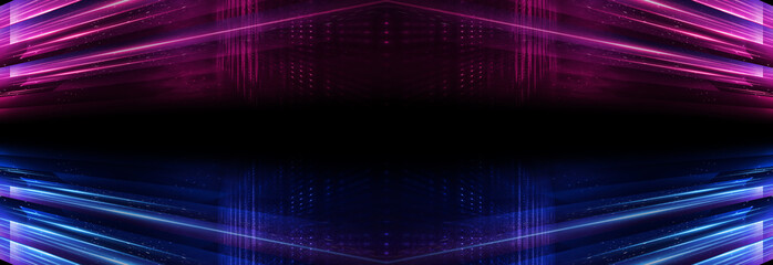 Background empty show scene. Ultraviolet dark abstract background. Geometric neon shapes, neon glow, blue and pink lighting. Night view, symmetrical reflection and perspective. Laser show, empty neon 