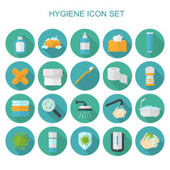 Collection of hygiene related flat icons with long shadow. Bundle of hygiene illustration. Vector.
