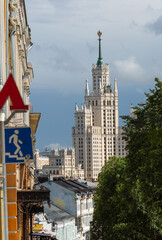 Photography of Moscow cityscape at daylight. Stalinist neoclassical style house on the Kotelnicheskaya embankment