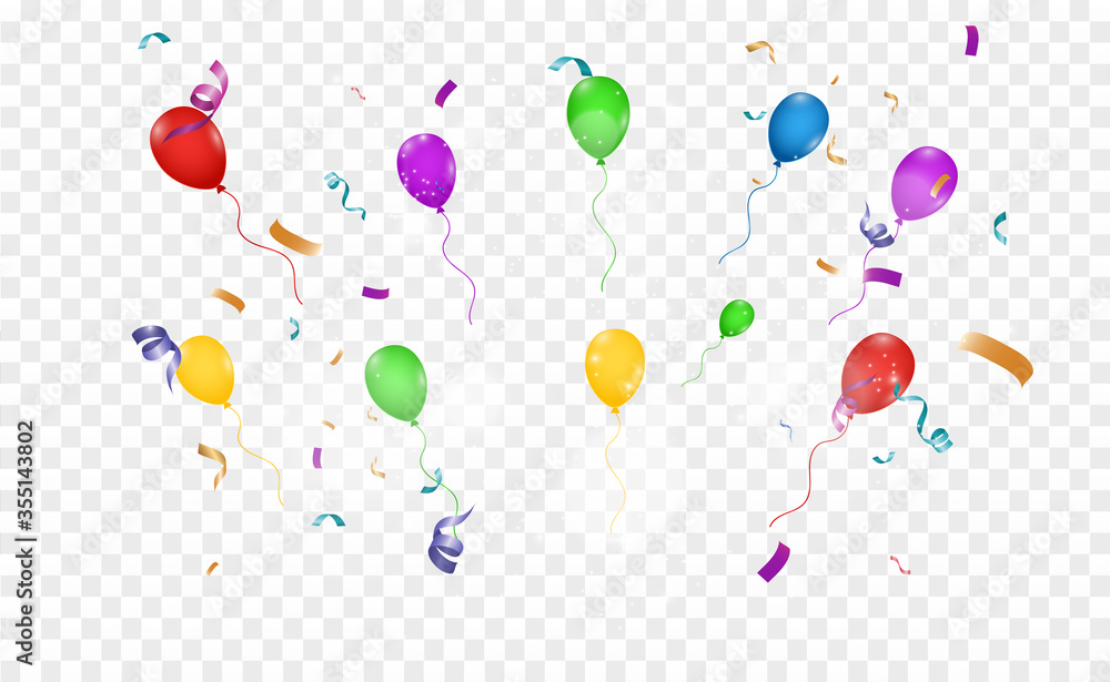 Poster Lots of colorful tiny confetti and ribbons on transparent background. Festive event and party. Multicolor background.Colorful bright confetti isolated on transparent background