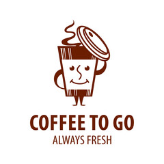 Vector illustration disposable coffee cup icon with coffee beans on blue background. Coffee cup logo