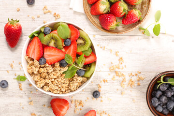muesli with fresh fruits- strawberry and blueberry