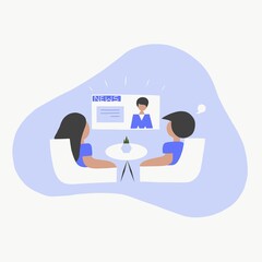 Man and woman watching news at home concept illustration, couple or roomates watching tv news