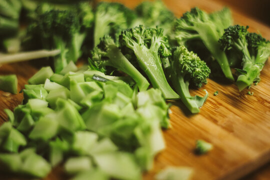 Chopped Broccoli On Wood.