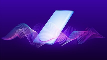 Voice assistant concept with phone. Artificial intelligence wave template. Control sound recognition. Smart technology neon AI signal. Digital audio spectrum line smartphone. Vector stock illustration