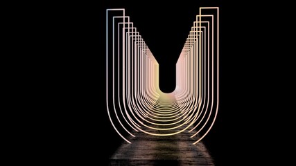 Neon English Alphabet. Neon Tunnels on a black background with Reflection. 3d illustration.