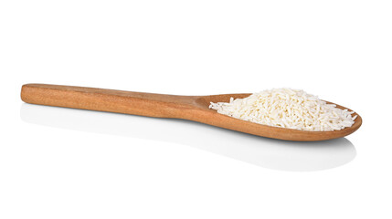 Glutinous rice in wooden spoon on white background