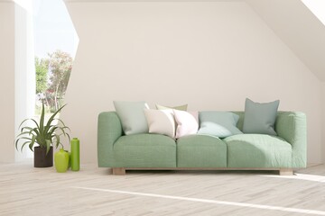 White stylish minimalist room with sofa. Scandinavian interior design. 3D illustration