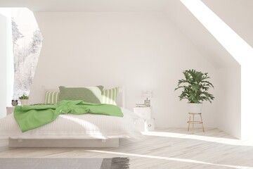 White stylish minimalist bedroom. Scandinavian interior design. 3D illustration