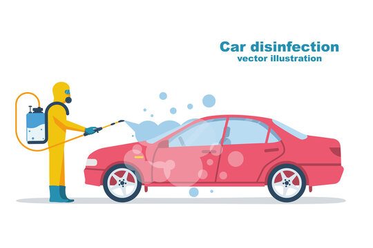 Car disinfection. Cleaning and washing vehicle. Prevention coronavirus covid-19. Man in hazmat. Spraying from bacteria. Vector illustration flat design. Clean surfaces in car with a disinfectant spray