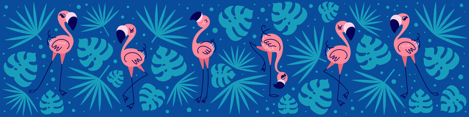 Tropical web banner with cute funny flamingos. Social media profile background. Flat vector illustration. © Alisa