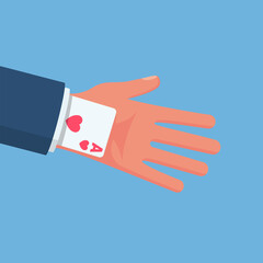 Obraz premium Ace in the sleeve. Businessman in a suit with a card up sleeve. Backup plan. Cunning and dexterity. Vector illustration flat design. Isolated on white background. Get a second card.