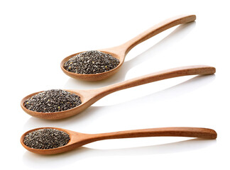 chia seeds in wooden spoon , Isolated on white background