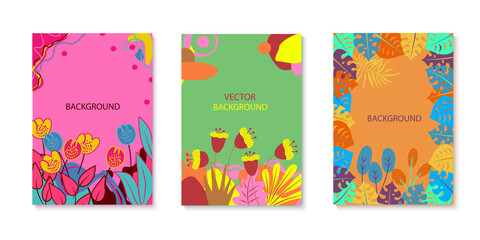 Fototapeta premium Set of abstraction vector illustrations with flowers and tropical leaves. Colorful plants with hand-drawn elements. Templates for social networks, event invitations, greeting cards, advertising banner
