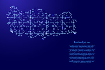 Turkey map from blue pattern composed puzzles and glowing space stars. Vector illustration.