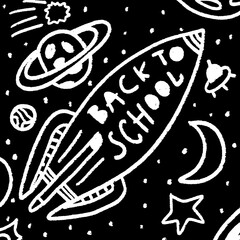 Rocket ship launch made with chalk - sketch on the blackboard, vector image.