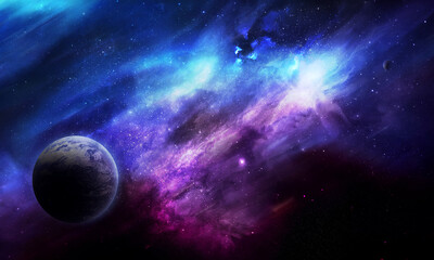 Obraz na płótnie Canvas abstract space 3D illustration, 3d image, background, a bright planet in space in a nebula and the shining of stars in purple tones