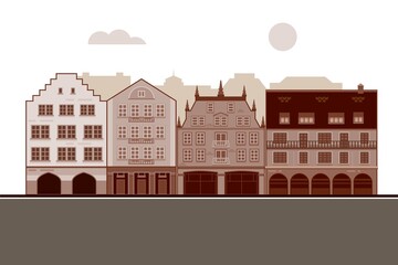 Street, houses in the old city. Flat-style architecture. Vector isolated on a white background.