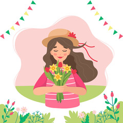 Girl holding flowers in spring. Festive garlands. Cute illustration in flat style