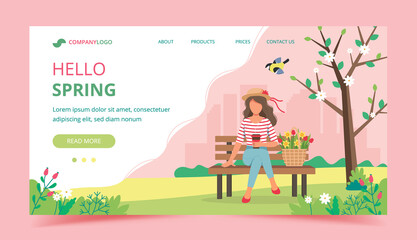 Woman sitting on the bench with spring flowers in basket. Landing page template. Cute illustration in flat style.