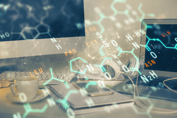 Desktop computer background and formula hologram writing. Double exposure. Education concept.