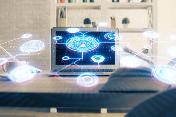 Fototapeta premium Computer on desktop with social network theme icon. Multi exposure. Concept of international connections.