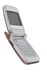 Tel&eacute;fono  celular antiguo abierto sobre fondo blanco. Old cell phone open on white background.