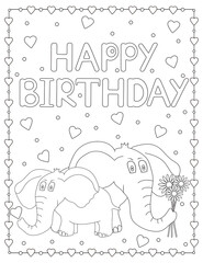 Happy Birthday card with elephants and hearts. Coloring page.