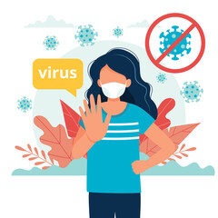 Woman wearing a medical mask. Coronavirus quarantine, respiratory virus concept, illustration in flat style