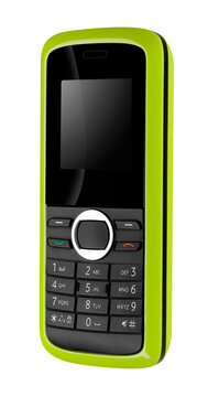  Teléfono celular antiguo verde y negro sobre fondo blanco. Green and black old cell phone on white background.