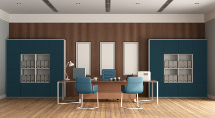 Minimalist blue and wooden office
